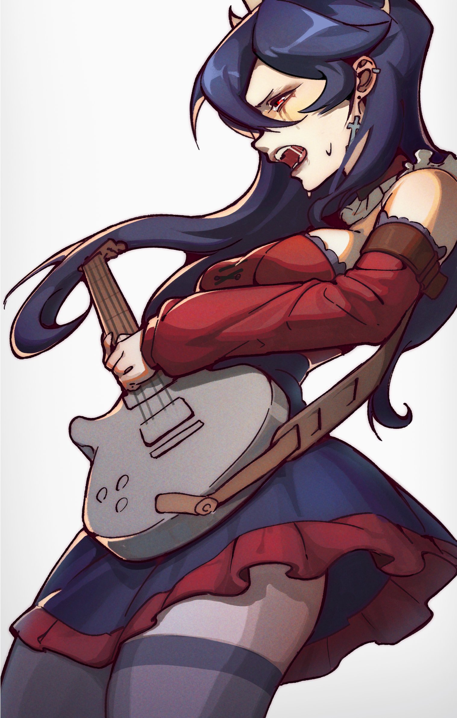 bubene, filia (skullgirls), skullgirls, 1girl, alternate costume, blue hair, cowboy shot, cross, cross earrings, detached sleeves, dress, earrings, electric guitar, goth fashion, guitar, instrument, jewelry, long hair, makeup, music, open mouth, playing instrument, red eyes, runny makeup, saliva, saliva trail, solo, thighhighs