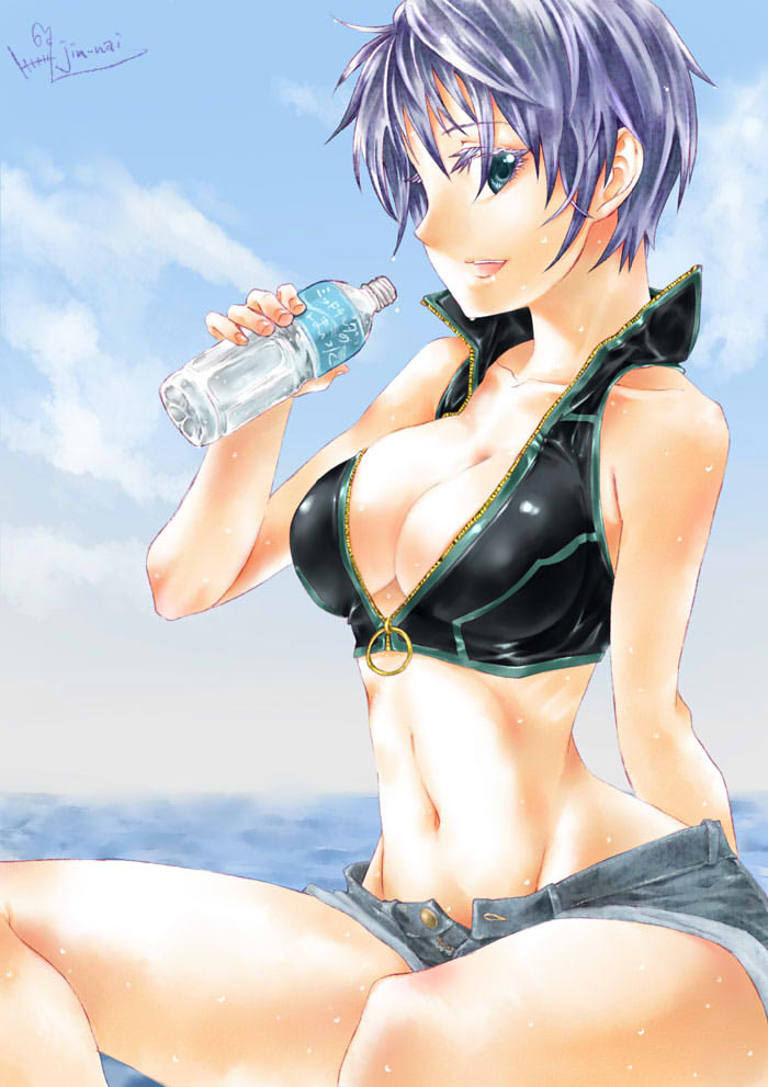 jin nai, subaru nakajima, lyrical nanoha, mahou shoujo lyrical nanoha, mahou shoujo lyrical nanoha strikers, 00s, 1girl, bottle, breasts, cleavage, female focus, green eyes, medium breasts, midriff, purple hair, short hair, shorts, solo, wet