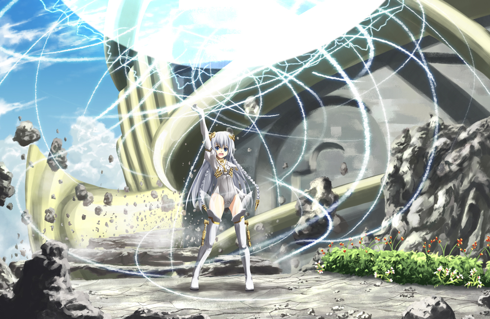 kouji (astral reverie), shurelia (ar tonelico), ar tonelico, ar tonelico i, gust, >:o, 00s, 1girl, :o, angry, arm up, attack, blue eyes, boots, braid, cloud, day, debris, electricity, energy ball, female focus, flat chest, flower, full body, gloves, glowing, hip focus, leotard, long hair, magic, open mouth, outdoors, rock, see-through clothes, sky, solo, standing, thigh boots, thighhighs, twin braids, v-shaped eyebrows, very long hair, white boots, white gloves, white hair, white thighhighs