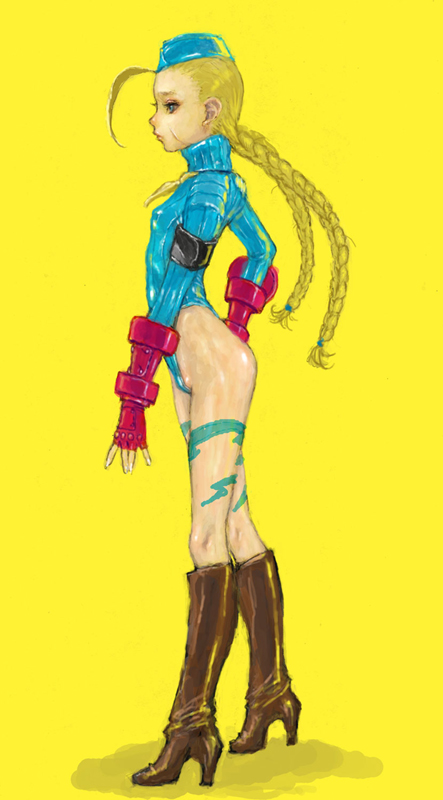 ponsuke (pon00000), cammy white, capcom, street fighter, street fighter zero (series), bad id, bad pixiv id, 1990s (style), 1girl, bare hips, blonde hair, blue eyes, blue leotard, boots, braid, breasts, female focus, flat chest, garrison cap, gloves, hat, highleg, highleg leotard, leotard, long hair, retro artstyle, sleeved leotard, small breasts, solo, twin braids