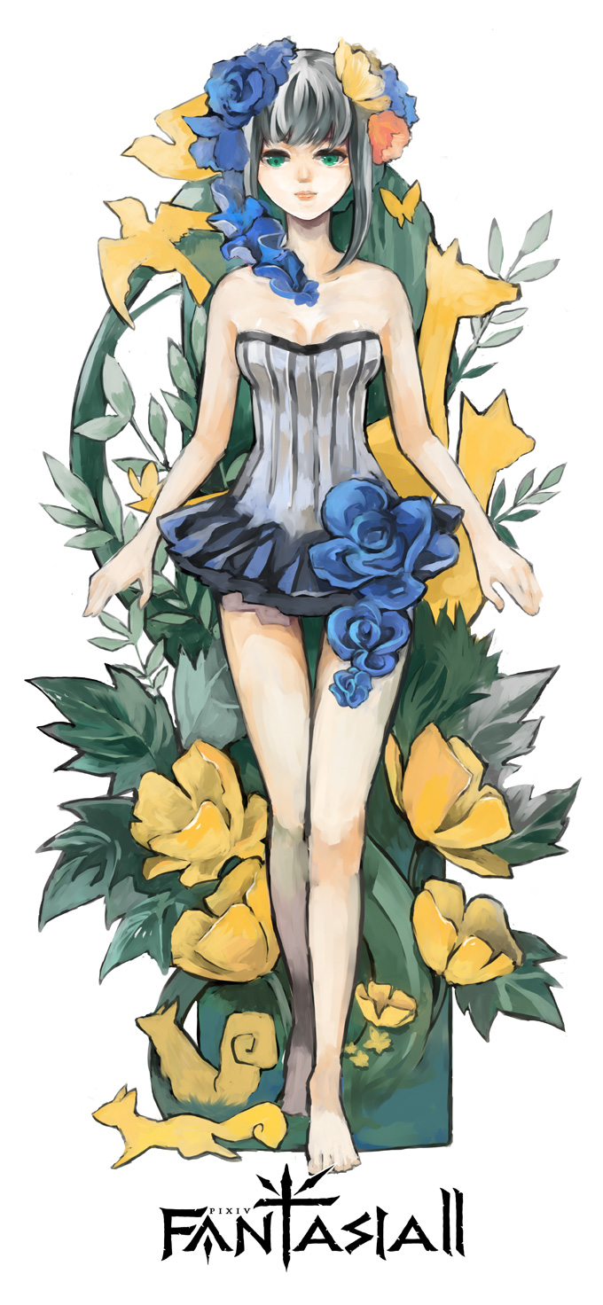 yorimo, pixiv fantasia, pixiv fantasia 2, silver hair, highres, 1girl, art nouveau, bare shoulders, barefoot, bird, breasts, cleavage, dress, female focus, flower, full body, green eyes, hair flower, hair ornament, legs, small breasts, solo, squirrel, strapless, strapless dress, thigh gap, tube dress