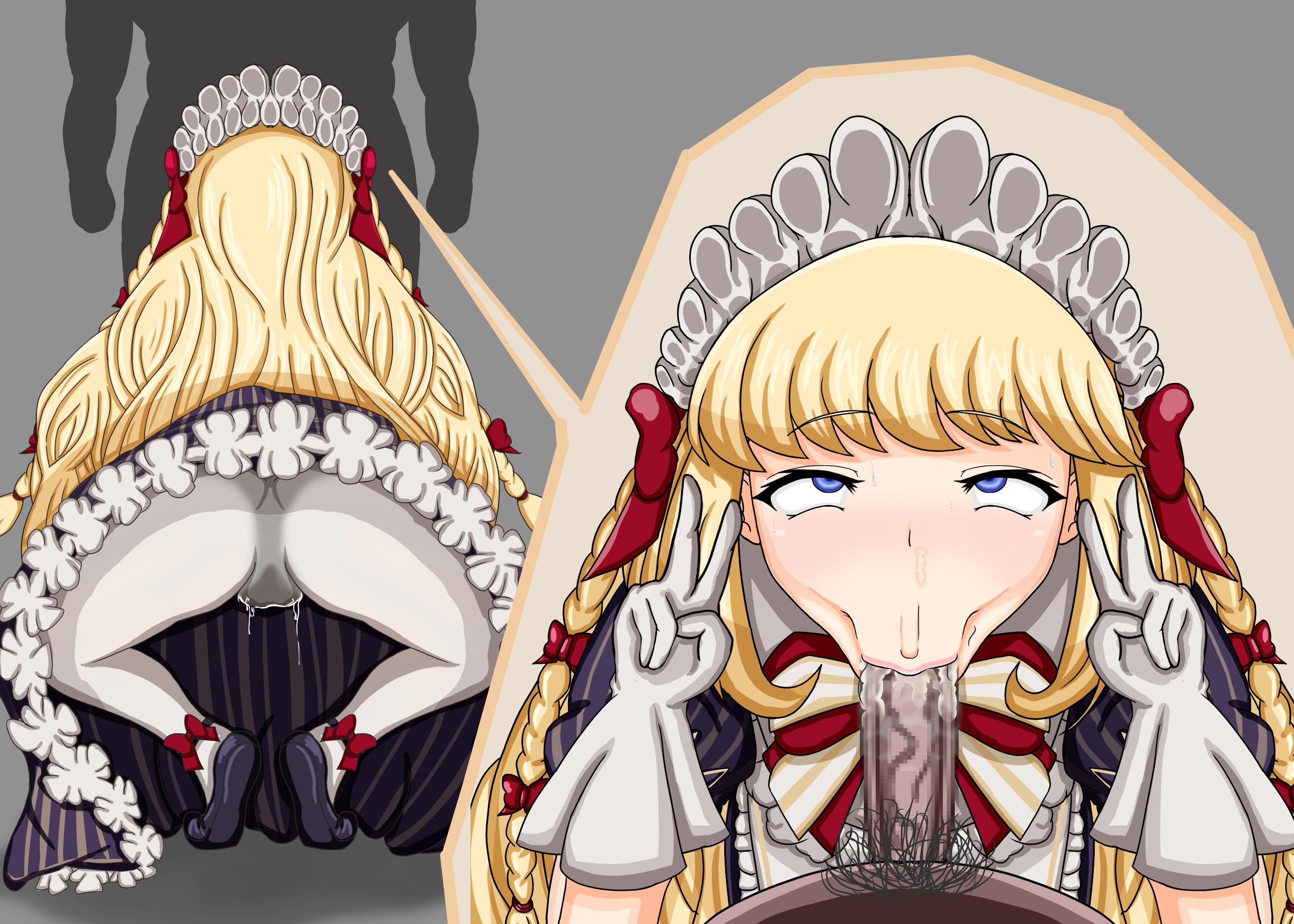 laura (grimms notes), grimms notes, highres, 1boy, 1girl, :>=, ass, blonde hair, blue eyes, braid, double v, fosisgo, from behind, long hair, multiple views, oral, pantyhose, solo focus, v, white headdress, white pantyhose