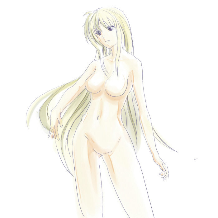 wagashi (okashina), fate testarossa, lyrical nanoha, mahou shoujo lyrical nanoha, mahou shoujo lyrical nanoha strikers, bad id, bad pixiv id, 00s, 1girl, blonde hair, female focus, food, long hair, nude, solo, uncensored, very long hair, wagashi