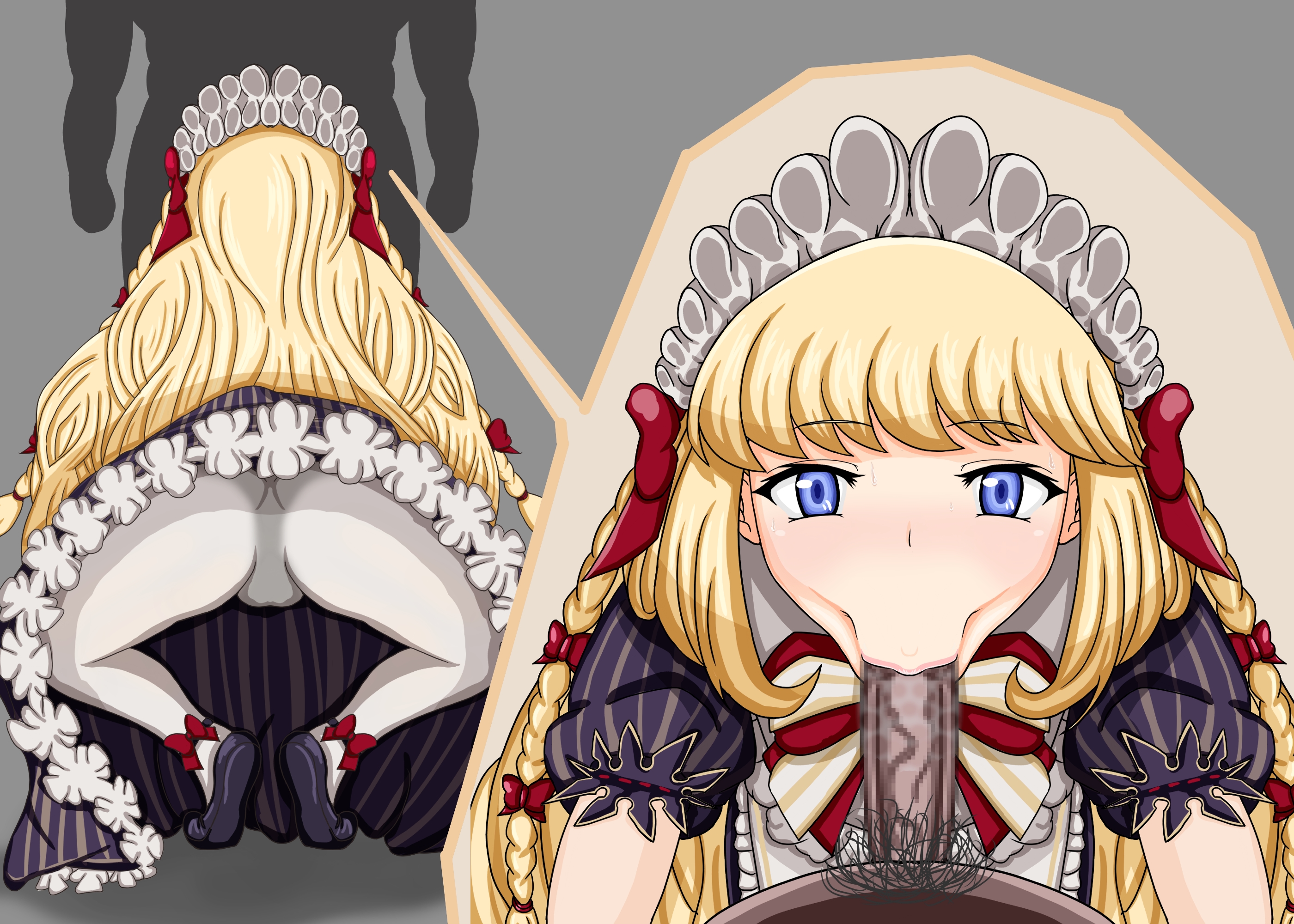 laura (grimms notes), grimms notes, highres, 1boy, 1girl, :>=, ass, blonde hair, blue eyes, braid, fosisgo, from behind, long hair, multiple views, oral, pantyhose, solo focus, white headdress, white pantyhose
