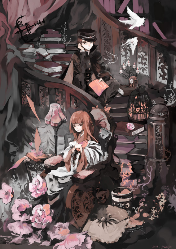 yorimo, original, messy, uniform, bird, birdcage, book, cage, candle, flower, hat, indoors, japanese clothes, lamp, long hair, nature, pillow, red hair, shako cap, stairs, wheelchair