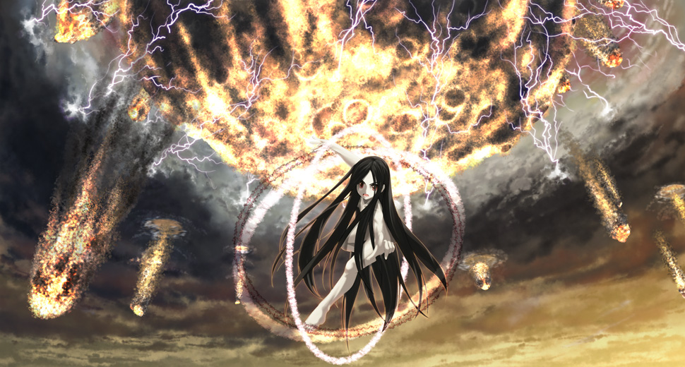 kouji (astral reverie), jakuri (ar tonelico), ar tonelico, ar tonelico i, ar tonelico ii, gust, md5 mismatch, 00s, 1girl, black hair, female focus, fire, long hair, magic, meteor, nude, red eyes, rock, solo
