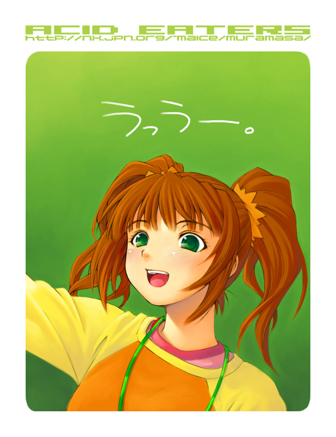 kazuma muramasa, takatsuki yayoi, idolmaster, idolmaster (classic), idolmaster 1, 00s, brown hair, green eyes, jewelry, necklace, raglan sleeves, short hair, smile, solo, twintails