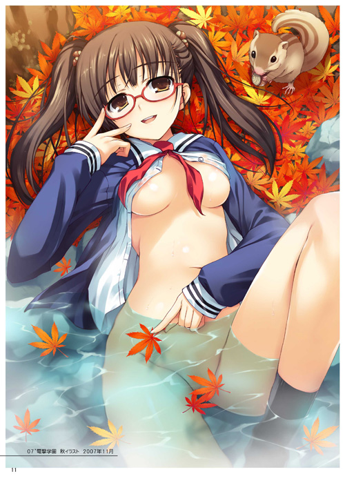 tomose shunsaku, original, 1girl, adjusting eyewear, autumn, autumn leaves, black hair, bottomless, breasts, brown eyes, brown hair, censored, chipmunk, convenient censoring, female focus, glasses, groin, hair bobbles, hair ornament, leaf, long hair, lying, maple leaf, medium breasts, nipple slip, nipples, no bra, open clothes, open shirt, school uniform, see-through clothes, serafuku, shirt, socks, solo, squirrel, twintails, underboob, water, wet, wet clothes