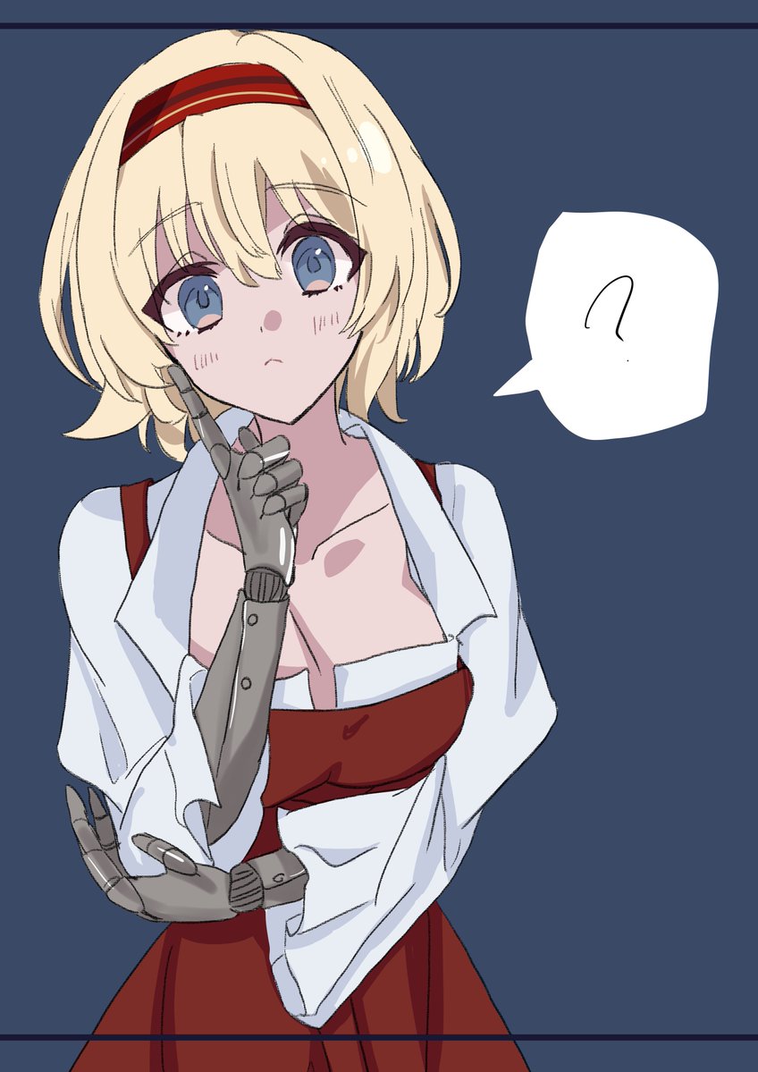 ilsa (grimms notes), grimms notes, bad id, bad twitter id, ?, blonde hair, blue eyes, closed mouth, hairband, looking at viewer, menma64903431, prosthesis, prosthetic arm, red hairband, short hair, spoken question mark