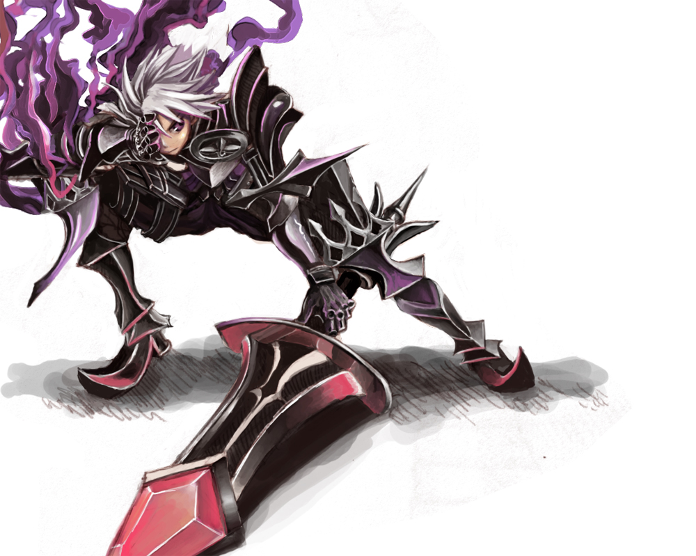 shu-tokutomi, oswald, odin sphere, 1boy, armor, black armor, male focus, purple eyes, solo, sword, weapon, white hair