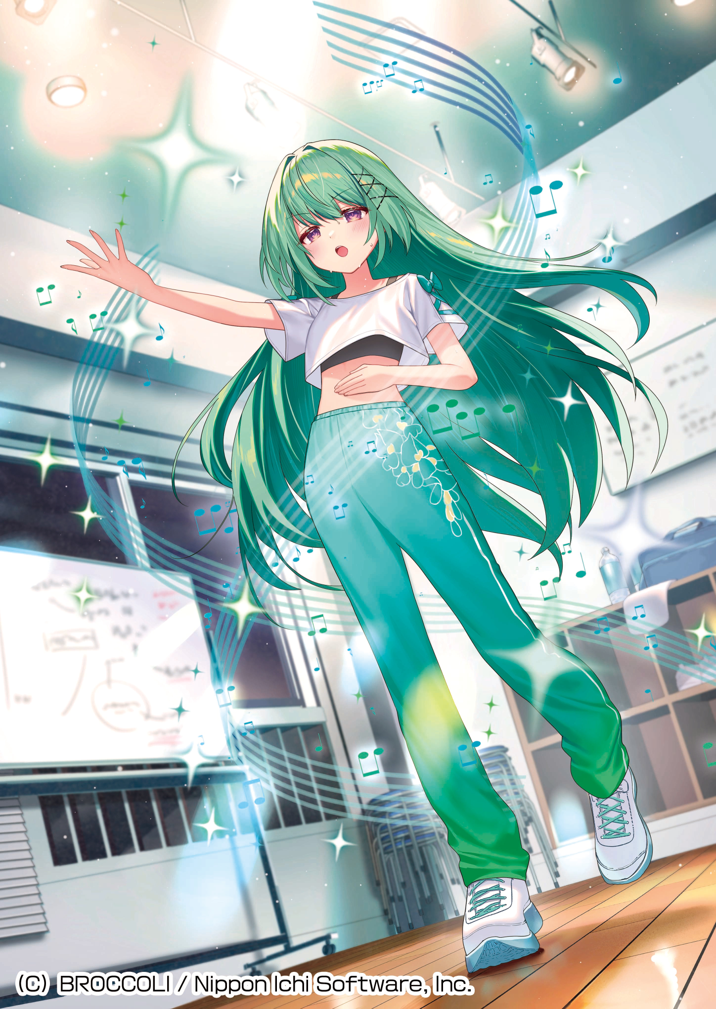 tsunakawa, enju (z/x), z/x, highres, official art, 1girl, beamed eighth notes, bow, copyright notice, cropped shirt, eighth note, green bow, green hair, green pants, green shoes, hair ornament, hand on own stomach, indoors, long hair, midriff, multicolored shoes, musical note, musical staff, open mouth, outstretched arm, pants, purple eyes, quarter note, shirt, shirt bow, shoes, solo, sparkle, sweatdrop, tank top, teeth, upper teeth only, very long hair, white shirt, white shoes, whiteboard, window