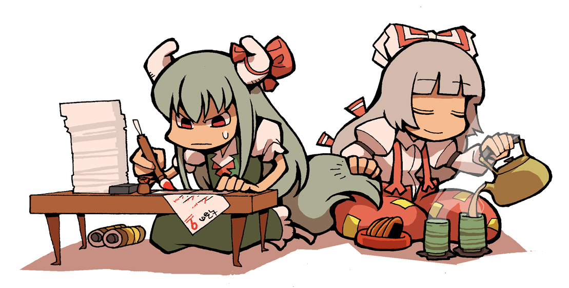 hounori, ex-keine, fujiwara no mokou, kamishirasawa keine, touhou, 2girls, academic test, angry, chibi, cup, female focus, horn ornament, horn ribbon, horns, kettle, multiple girls, pouring, ribbon, scroll, tail, tea, teacher, test score