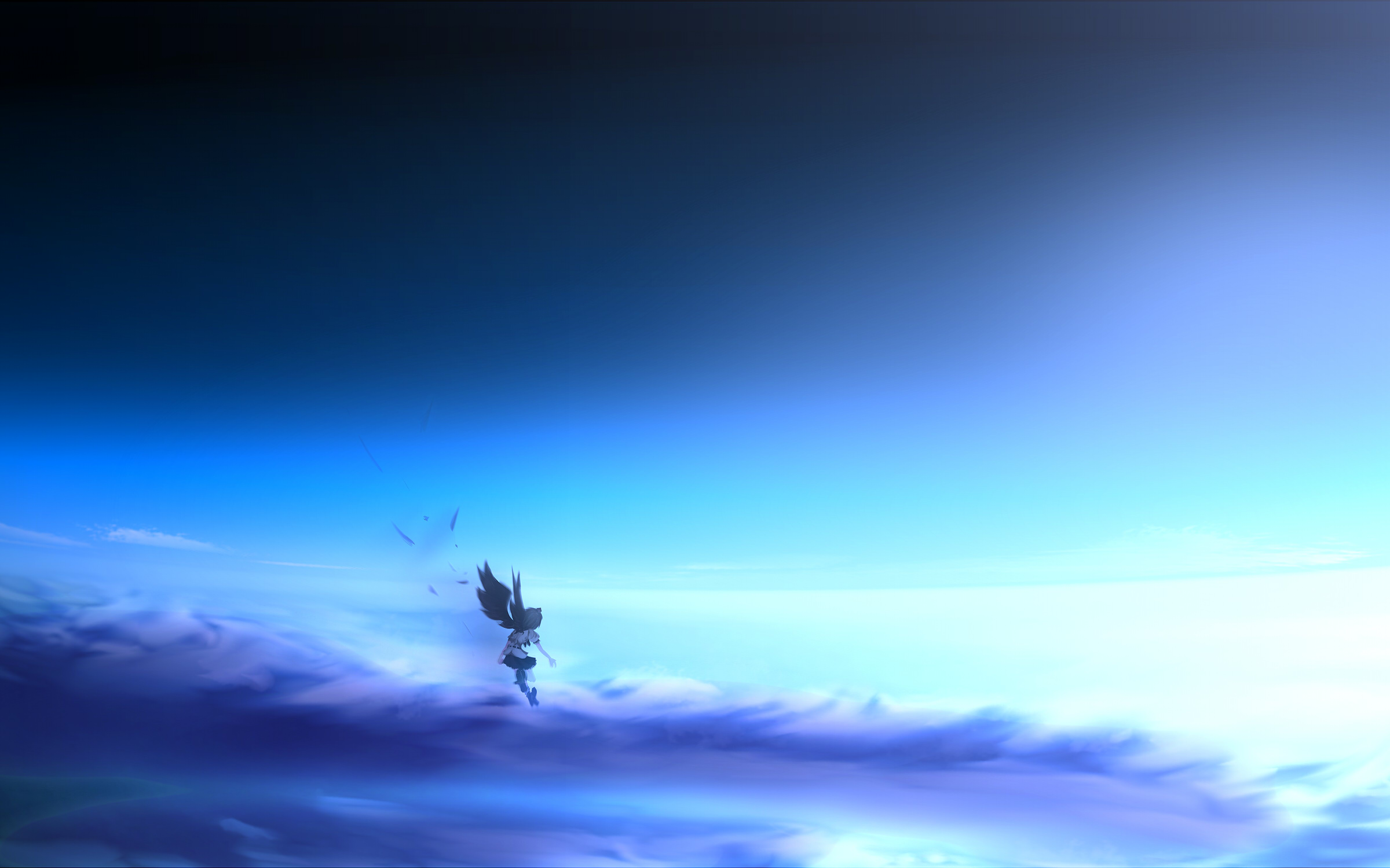 yoshioka yoshiko, shameimaru aya, touhou, highres, 1girl, black wings, blue theme, female focus, geta, monochrome, sky, solo, tengu-geta, wings