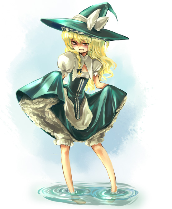 matilda (matildax), kirisame marisa, curiosities of lotus asia, touhou, 1girl, alternate costume, barefoot, blonde hair, bloomers, bow, braid, clothes lift, dress, dress lift, female focus, hair bow, hat, orange eyes, petticoat, side braid, skirt hold, smile, solo, underwear, wading, water, white bloomers, witch hat