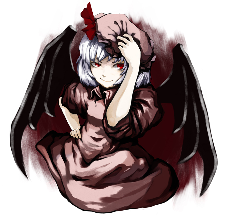 laboto, remilia scarlet, touhou, silver hair, 1girl, closed mouth, dress, female focus, hat, looking at viewer, mob cap, pale skin, pink dress, puffy short sleeves, puffy sleeves, red eyes, short hair, short sleeves, simple background, smirk, solo, white background