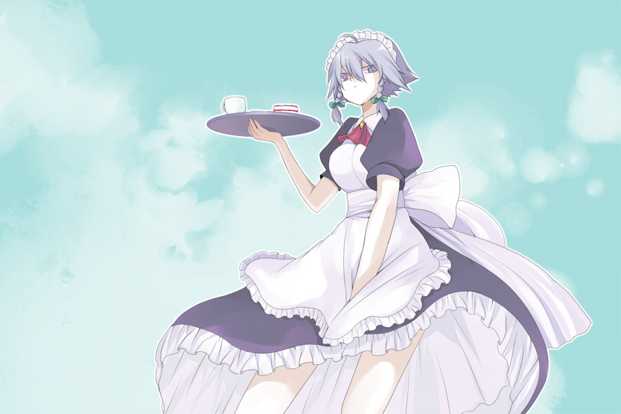 harano, izayoi sakuya, touhou, silver hair, 1girl, braid, female focus, short hair, solo, twin braids