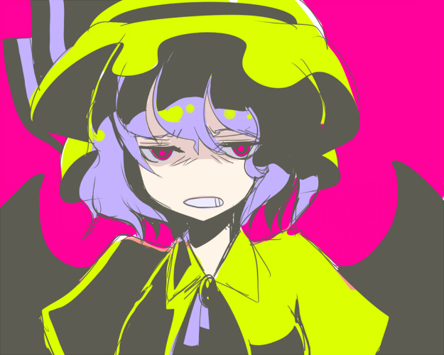 harano, remilia scarlet, touhou, light purple hair, 1girl, clenched teeth, evil smile, female focus, hat, looking at viewer, mob cap, open mouth, pink background, red eyes, shaded face, short hair, simple background, smile, solo, teeth, upper body