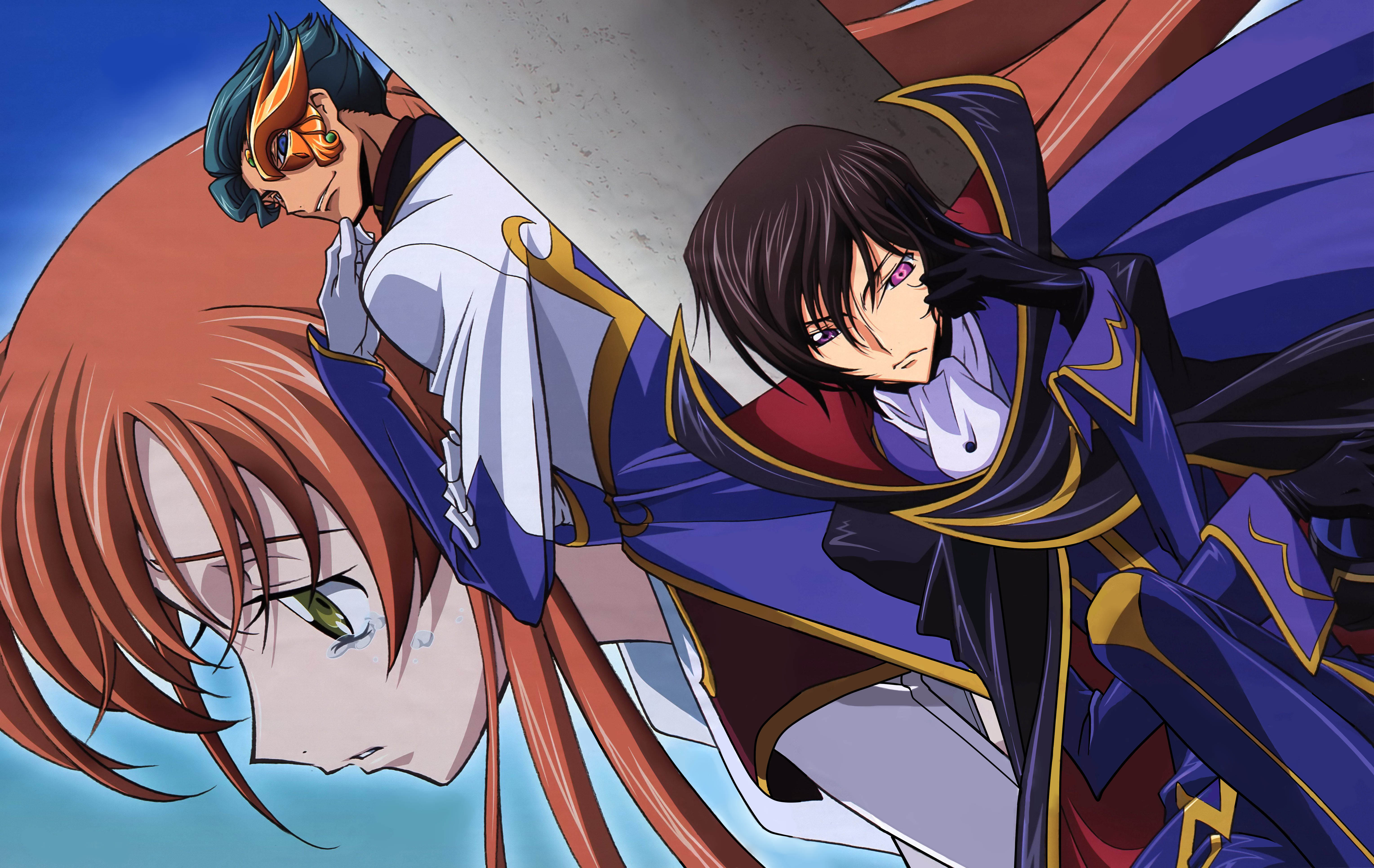 sakamoto shuuji, jeremiah gottwald, lelouch vi britannia, shirley fenette, code geass, absurdres, highres, official art, scan, 00s, 1girl, 2boys, cape, multiple boys, tears