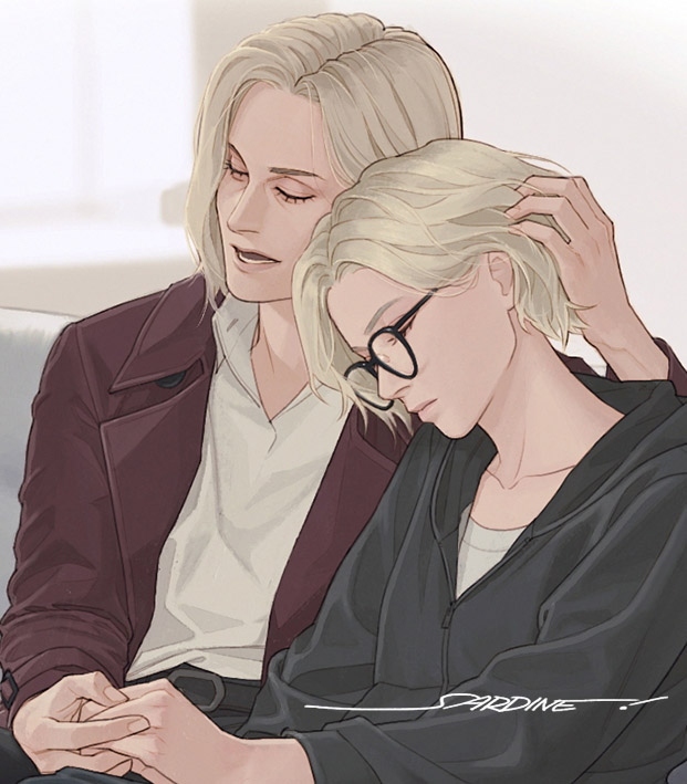 sardine (kjr0313), grace ashcroft, resident evil requiem, 2girls, artist name, black hoodie, blonde hair, brown jacket, character name, closed eyes, closed mouth, collared shirt, glasses, hair behind ear, hand in another's hair, holding hands, hood, hood down, hoodie, indoors, jacket, multiple girls, open mouth, parted bangs, shirt, short hair, sitting, suit jacket, white shirt