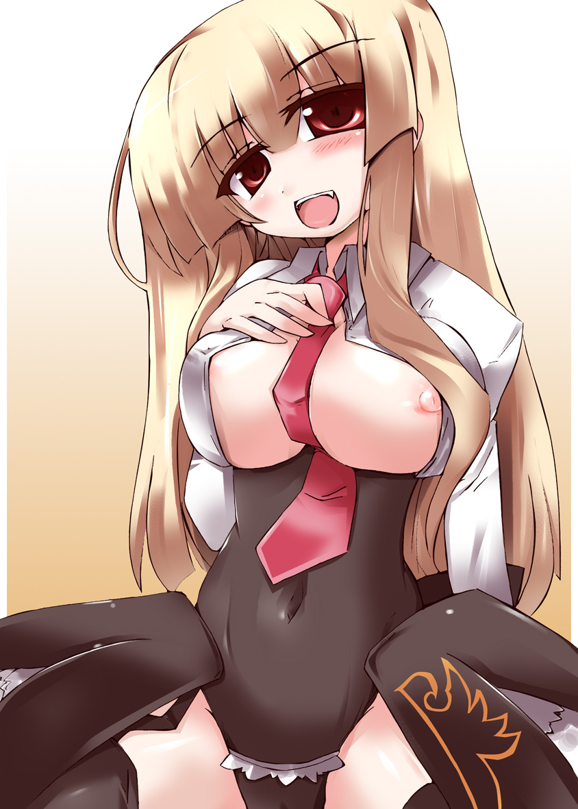 shirogane (platinum), mammon (umineko), umineko no naku koro ni, 00s, 1girl, breasts, female focus, leotard, medium breasts, nipples, open clothes, open shirt, shirt, solo, thighhighs