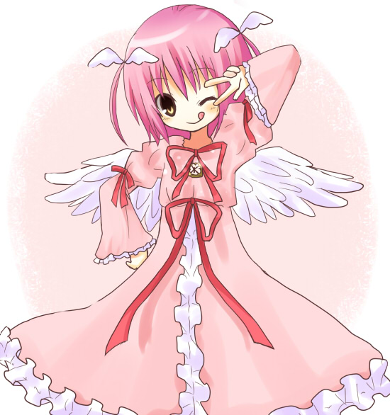 yuzuki (yuduame), amulet angel, hinamori amu, shugo chara!, 1girl, ;q, blush, brown eyes, center frills, cowboy shot, dress, female focus, frilled dress, frilled sleeves, frills, long sleeves, looking at viewer, magical girl, one eye closed, pink background, pink dress, pink hair, red ribbon, ribbon, short hair, simple background, solo, standing, tareme, tongue, tongue out, v, v over eye, white wings, winged hair ornament, wings
