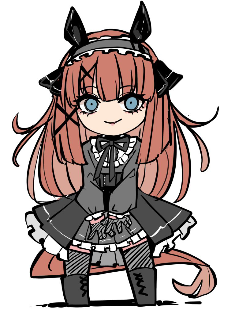 kawamochi (tddm3573), silence suzuka (umamusume), umamusume, 1girl, animal ears, black boots, black skirt, blue eyes, boots, brown hair, chibi, frilled hairband, frilled skirt, frills, full body, gloves, grey gloves, grey hairband, grey shirt, grey thighhighs, hair ornament, hairband, half gloves, horse ears, horse girl, horse tail, kouno marika's silence suzuka drawing (meme), long hair, long sleeves, looking at viewer, meme, parted lips, pleated skirt, puffy long sleeves, puffy sleeves, shadow, shirt, simple background, skirt, smile, solo, standing, tail, thighhighs, thighhighs under boots, very long hair, white background, x hair ornament