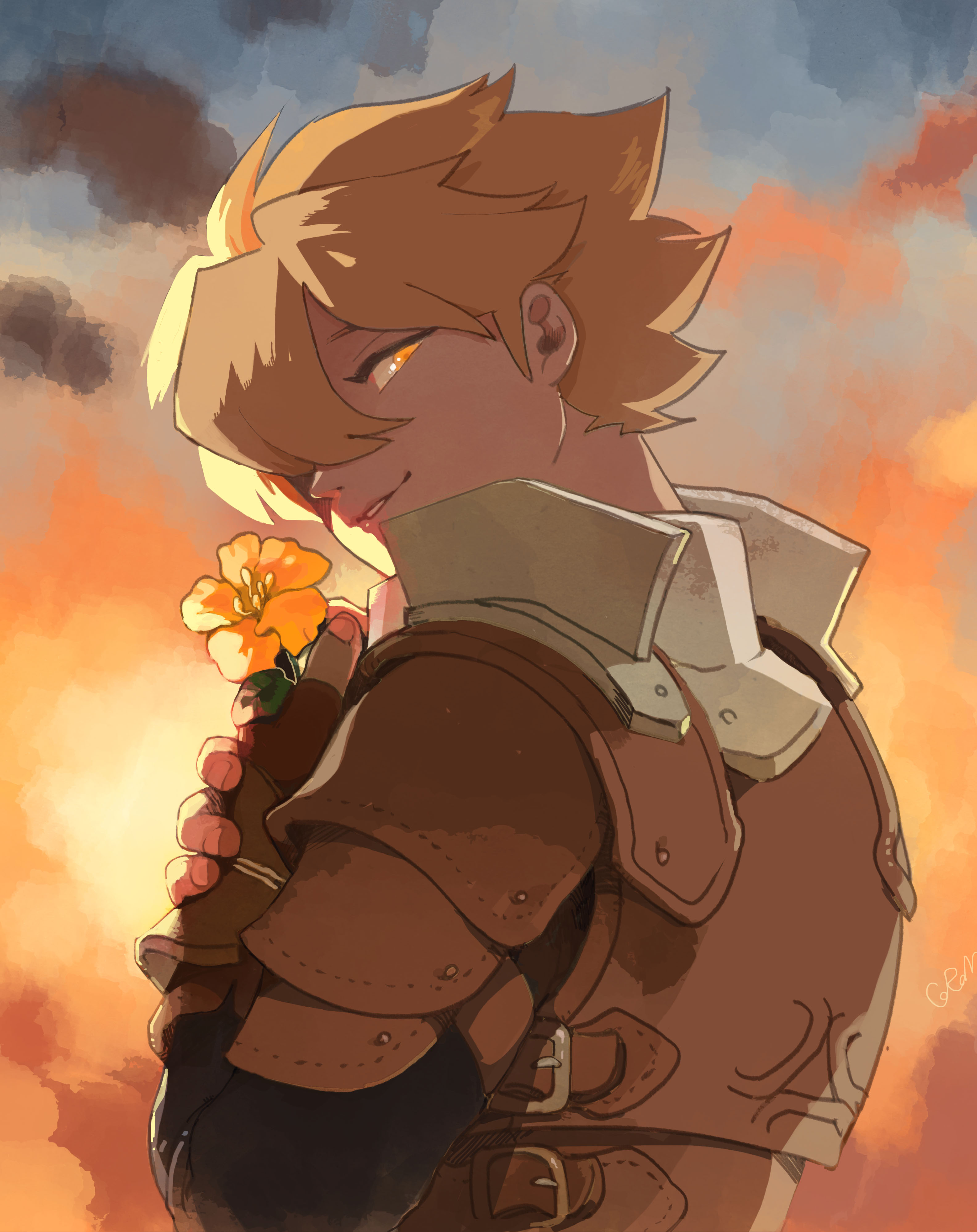 oersted, live a live, absurdres, highres, 1boy, armor, black shirt, blonde hair, breastplate, brown gloves, cloud, cloudy sky, fingerless gloves, flower, gloves, hair between eyes, hair over one eye, holding, holding flower, leather armor, looking at viewer, male focus, orange eyes, orange flower, parted lips, sakkuricoromo, shirt, short hair, shoulder armor, sky, smile, solo, sunset, upper body