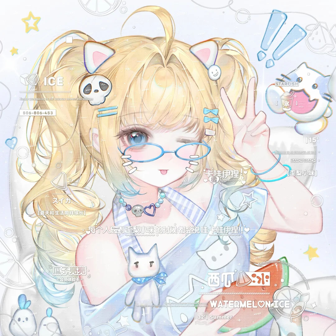original, 1girl, ahoge, animal ears, bare shoulders, blonde hair, blue-framed eyewear, blue eyes, blue hair, blue shirt, blush, bow, cat, cat ears, food, glasses, gradient hair, guazike, hair bow, hair intakes, hair ornament, hairclip, hand up, heart, holding, jewelry, long hair, looking at viewer, multicolored hair, off-shoulder shirt, off shoulder, one eye closed, sample watermark, shirt, short sleeves, solo, star (symbol), tongue, tongue out, too many watermarks, twintails, upper body, v, watermark