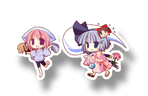 nagomi tozakura, hakurei reimu, konpaku youmu, konpaku youmu (ghost), saigyouji yuyuko, touhou, lowres, 2girls, bag, bike shorts, blue eyes, chibi, female focus, fish, flower, goldfish, hair ornament, hitodama, japanese clothes, katana, kimono, multiple girls, open mouth, pink hair, pink kimono, print kimono, sandals, smile, sword, weapon, yukata, yukkuri shiteitte ne, zouri