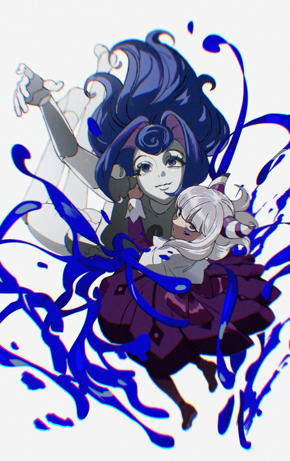 shabu gogi, princess guinevere, knights of guinevere, highres, 2girls, android, blood, blood on face, blue blood, blue hair, blunt bangs, dress, expressionless, floating hair, grey hair, hair horns, long hair, looking at viewer, looking up, multiple girls, olivia park, purple dress, simple background, smile, white background