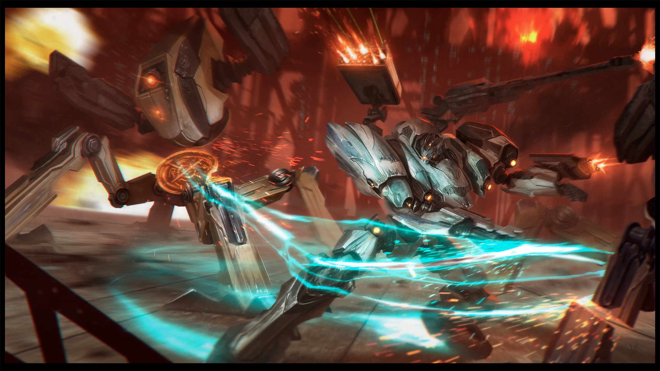 alvarojh art, armored core, bandai namco, fromsoftware, concept art, highres, energy sword, machinery, mecha, mecha focus, missile pod, no humans, robot, science fiction, shoulder cannon, sword, weapon