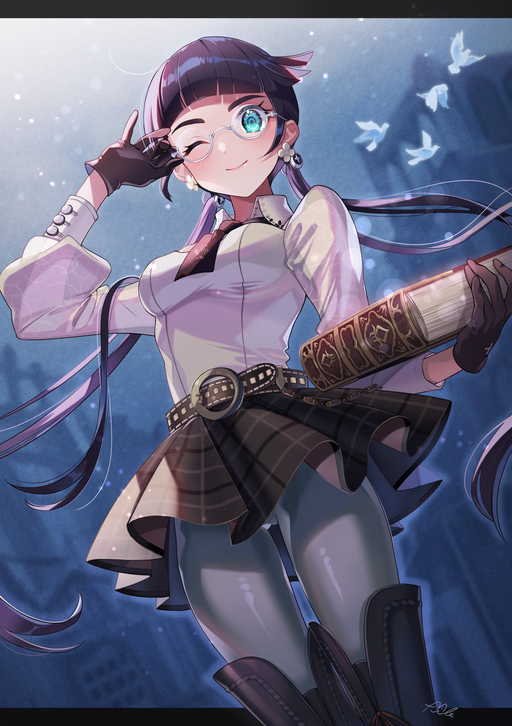 mile t0r0, accord, drag-on dragoon, drag-on dragoon 3, absurdres, commentary request, highres, 1girl, adjusting eyewear, belt, bird, black boots, black gloves, black hair, black necktie, black skirt, blue eyes, blunt bangs, blurry, blurry background, blush, book, boots, breasts, closed mouth, collared shirt, dove, dutch angle, earrings, feet out of frame, flower earrings, glasses, gloves, grey pantyhose, hand up, holding, holding book, jewelry, letterboxed, light particles, long hair, long sleeves, looking at viewer, loose hair strand, low twintails, medium breasts, necktie, one eye closed, outdoors, outside border, pantyhose, plaid clothes, plaid skirt, pleated skirt, puffy long sleeves, puffy sleeves, round eyewear, semi-rimless eyewear, shirt, signature, skirt, smile, solo, standing, twintails, very long hair, white-framed eyewear, white shirt, wing collar