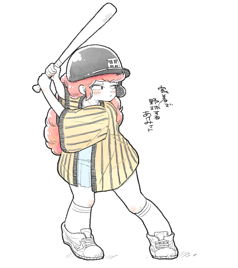 nyx666, roppongi akemi, maison ikkoku, translation request, aged down, athletic shoes, baseball, baseball bat, baseball helmet, baseball jersey, batting stance, curly hair, helmet, holding, holding baseball bat, jersey, long hair, metal baseball bat, plump, red hair, shirt under shirt, sketch, socks, sportswear, spot color, squinting, takahashi rumiko (style)