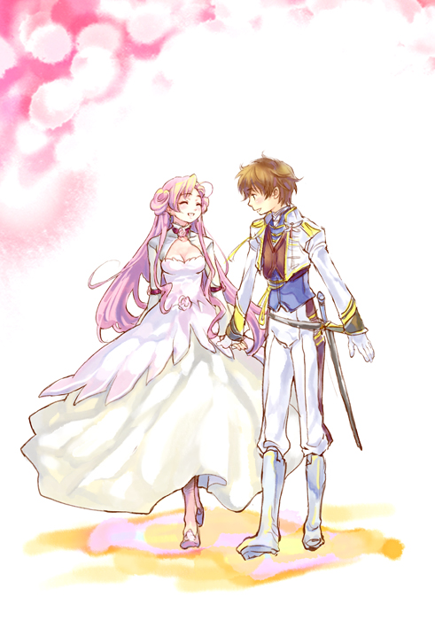 z4, euphemia li britannia, kururugi suzaku, code geass, bad id, 00s, 1boy, 1girl, boots, breasts, brown hair, choker, cleavage, closed eyes, couple, donut hair bun, dress, hair bun, happy, hetero, holding hands, long hair, pink hair, short hair, simple background, smile, sword, walking, weapon