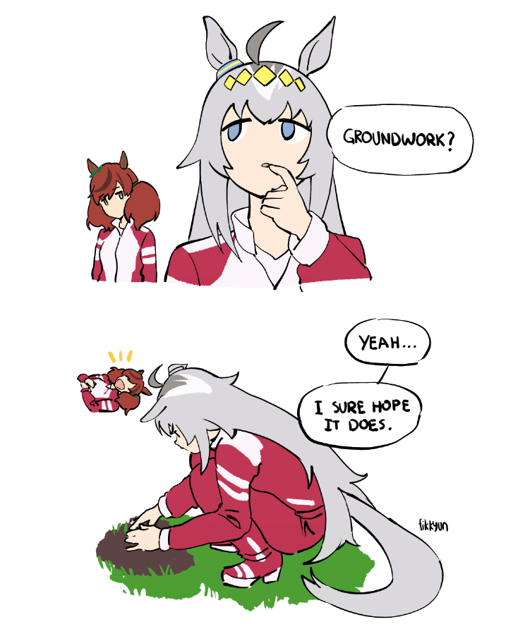 fikkyun, nice nature (umamusume), oguri cap (umamusume), umamusume, 2girls, ahoge, animal ears, blue eyes, brown hair, closed eyes, dirt, ear covers, ear ornament, english text, grass, grey hair, grey tail, hair between eyes, hair ornament, hairband, horse ears, horse girl, horse tail, jacket, laughing, long hair, long sleeves, medium hair, multicolored hair, multiple girls, open mouth, pants, pun, red jacket, red pants, red track suit, smile, speech bubble, squatting, tail, tracen training uniform, track jacket, track pants, track suit, twintails