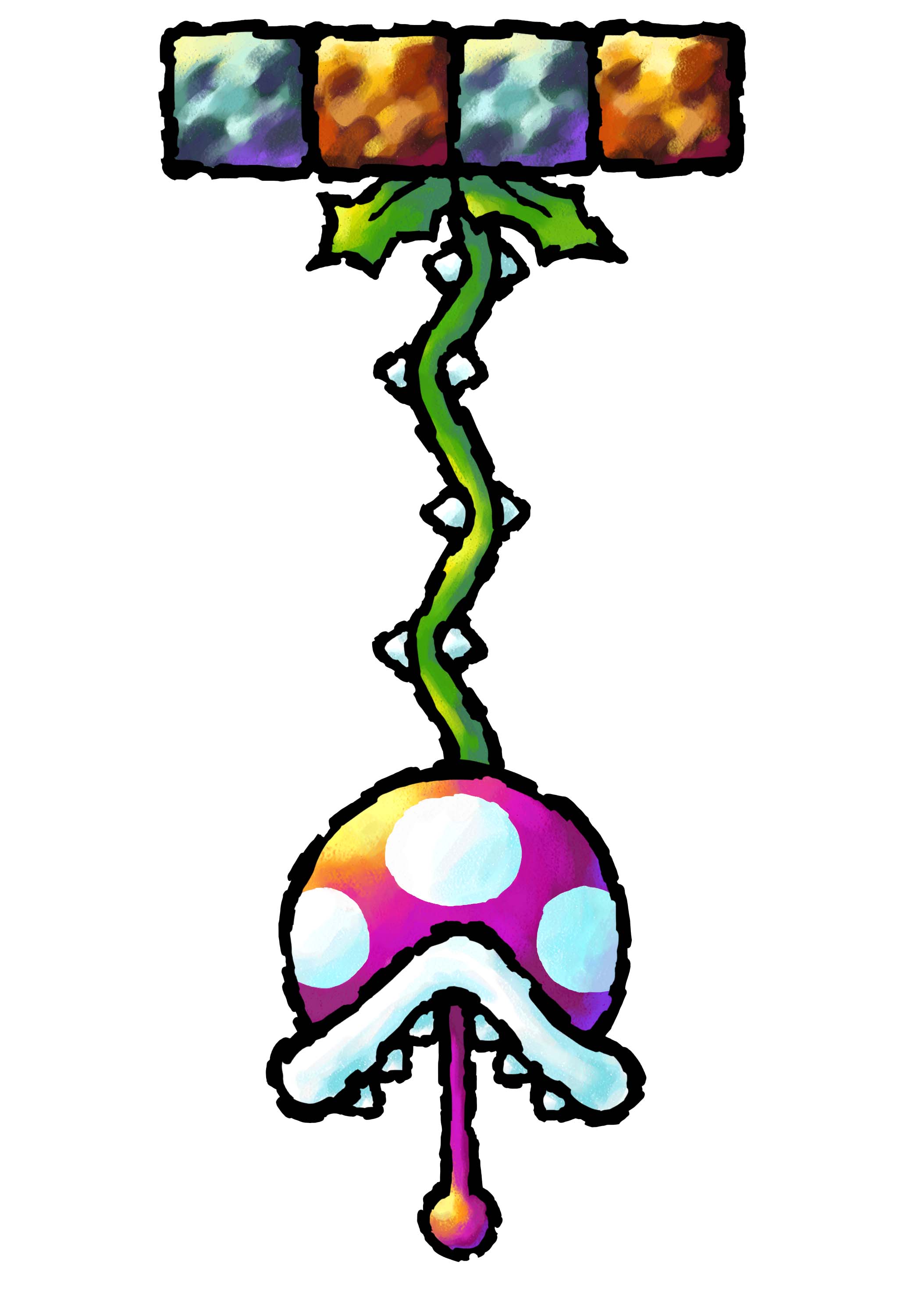 mario (series), nintendo, yoshi's island ds, absurdres, highres, official art, third-party source, bungee piranha, leaf, no humans, open mouth, rock, sharp teeth, simple background, solo, teeth, thorns, tongue, tongue out, white background