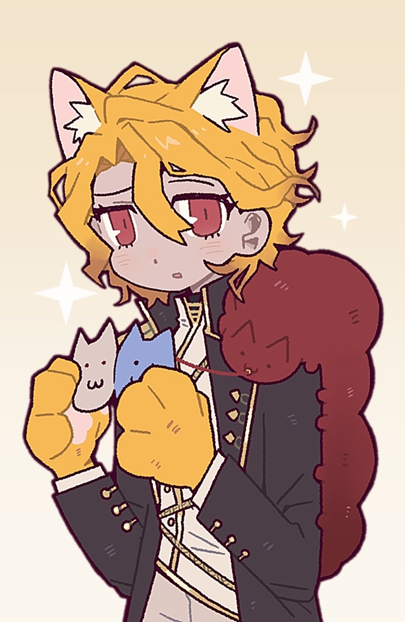 yesheng zong ren, don quixote (project moon), sancho (project moon), limbus company, project moon, highres, 1girl, animal ears, animal hands, black coat, blonde hair, cat ears, cat girl, coat, feather boa, gold trim, long sleeves, looking at viewer, open mouth, parted bangs, red eyes, shirt, short hair, simple background, solo, upper body, white shirt, yellow background