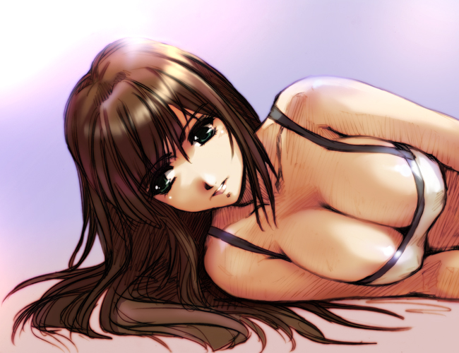 hisahiko, setsuko ohara, banpresto, super robot wars, super robot wars z, super robot wars z1, 1girl, bikini, breasts, brown hair, cleavage, female focus, green eyes, large breasts, long hair, lying, on side, solo, swimsuit