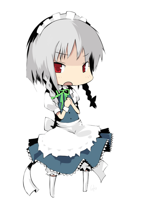inemuri uno, izayoi sakuya, embodiment of scarlet devil, touhou, silver hair, bad id, bad pixiv id, 1girl, chibi, dress, female focus, full body, maid, red eyes, simple background, solo, white background