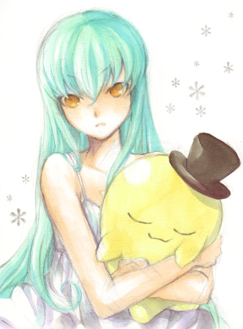 koyu, c.c., cheese-kun, code geass, pizza hut, bad id, bad pixiv id, 00s, 1girl, :3, blush, closed eyes, female focus, green hair, hat, hug, looking at viewer, simple background, sleeping, solo, top hat, white background, yellow eyes