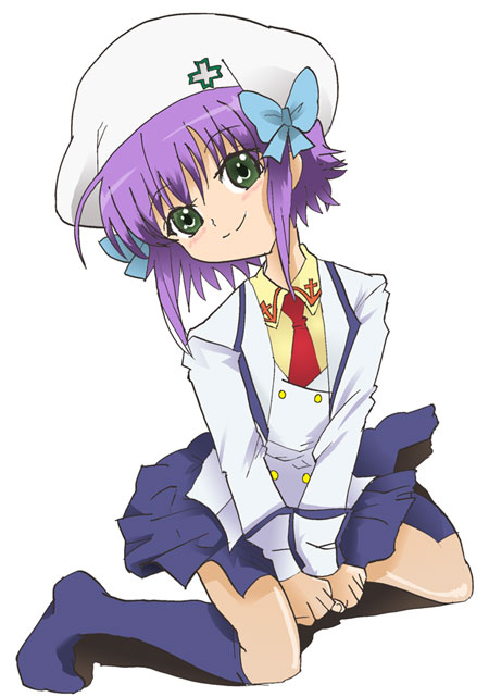 chiemi terutora, shiho elis, night wizard, bad id, bad pixiv id, 00s, 1girl, beret, blush, bow, female focus, green eyes, hair bow, hat, head tilt, kneehighs, kneeling, necktie, purple hair, school uniform, serafuku, short hair, skirt, smile, socks, solo