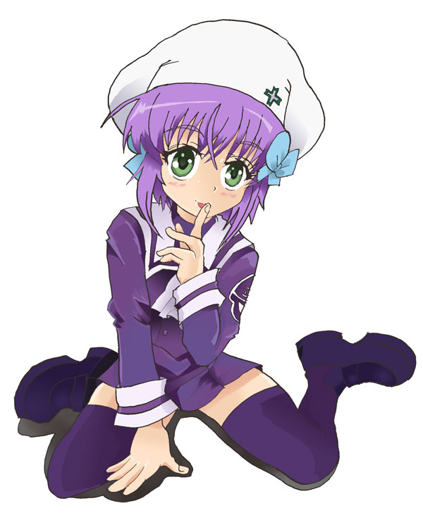 chiemi terutora, shiho elis, night wizard, 00s, 1girl, beret, blush, bow, female focus, finger to mouth, full body, green eyes, hair bow, hat, purple hair, purple thighhighs, school uniform, serafuku, short hair, simple background, sitting, skirt, solo, thighhighs, zettai ryouiki