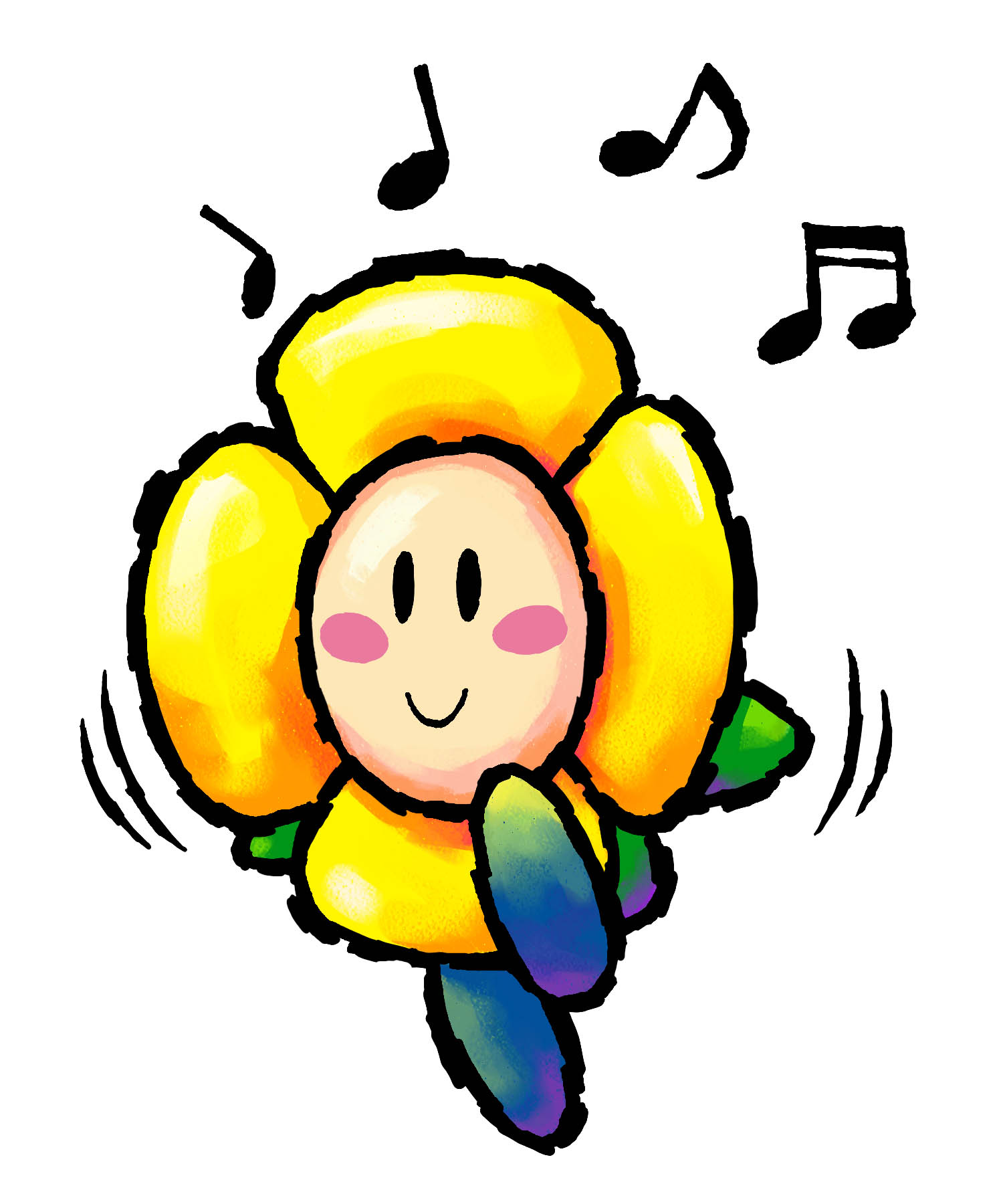 crazee dayzee, flower boy, mario (series), nintendo, yoshi's island ds, highres, official art, third-party source, 1boy, blue shoes, blush stickers, happy, musical note, shoes, simple background, smile, solo, white background