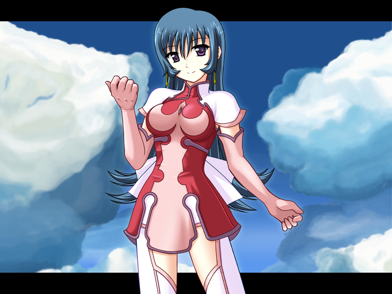 hyokkori tamago, kotona elegance, zoids, zoids genesis, 00s, blue hair, cloud, day, elbow gloves, gloves, long hair, purple eyes, solo