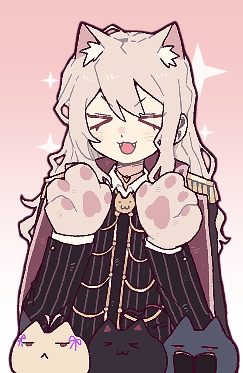 yesheng zong ren, limbus company, project moon, highres, > <, 1boy, :<, :3, animal ears, animal hands, black coat, black fur, black vest, book, cat, cat boy, cat ears, closed eyes, coat, coat on shoulders, collared shirt, epaulettes, fangs, gold trim, grey fur, la manchaland's don quixote (project moon), long hair, long sleeves, looking at viewer, male focus, open mouth, red eyes, shirt, simple background, upper body, vest, white shirt, yellow fur