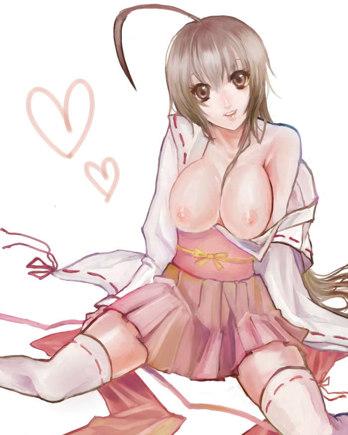 shiori (artist), musubi, sekirei, bad id, bad pixiv id, 00s, 1girl, ahoge, breasts, brown eyes, brown hair, female focus, huge breasts, japanese clothes, large breasts, open clothes, open shirt, shirt, short hair, sitting, skirt, smile, solo, thighhighs