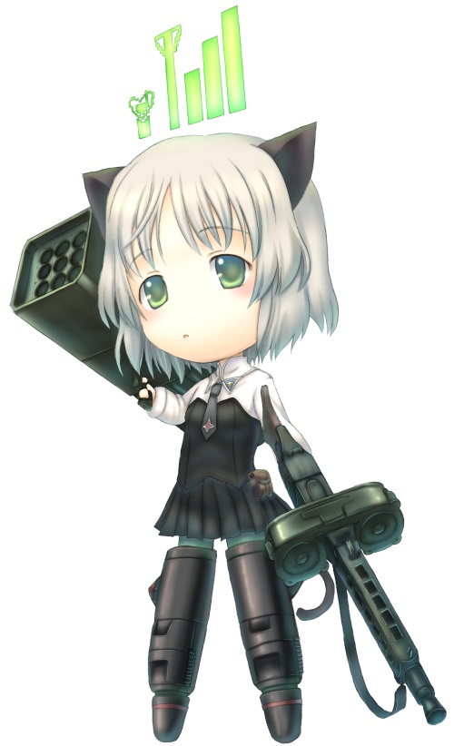 sabamu, sanya v. litvyak, strike witches, world witches series, 00s, 1girl, black pantyhose, cellphone radio bar, chibi, double-drum magazine, drum magazine, dual drum magazine, female focus, green eyes, gun, high-capacity magazine, machine gun, magazine (weapon), mg42, pantyhose, rocket launcher, saddle-drum, solo, weapon, white hair