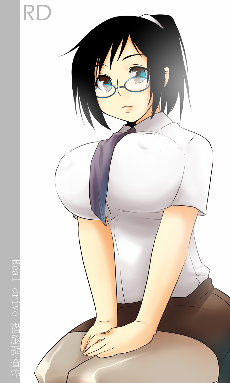 kimura shiki, sui, holon, real drive, bad id, bad pixiv id, highres, 1girl, anti-gravity, black hair, blue eyes, breasts, female focus, folded hands, glasses, huge breasts, impossible clothes, impossible shirt, kneeling, looking at viewer, necktie, own hands together, pantyhose, pencil skirt, shirt, short hair, skirt, solo