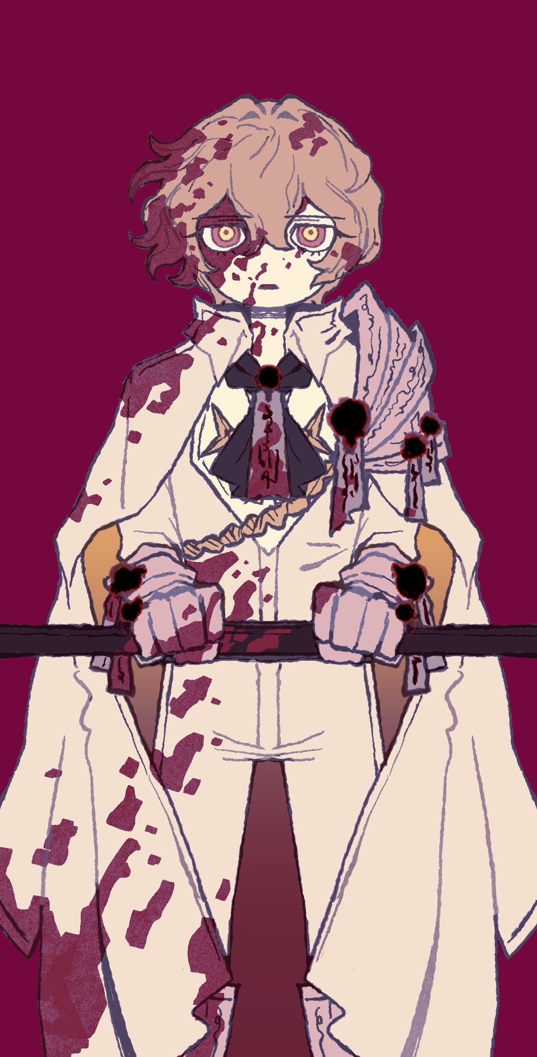 yesheng zong ren, sinclair (project moon), limbus company, project moon, highres, 1boy, ascot, black ascot, blonde hair, blood, blood on clothes, blood on face, coat, coat on shoulders, gauntlets, holding, holding weapon, lobotomy corporation remnant (identity) (project moon), looking at viewer, male focus, n corp. fanatic (identity) (project moon), pants, red background, shirt, short hair, simple background, solo, standing, upper body, wax seal, weapon, white coat, white pants, white shirt, yellow eyes, yellow pupils