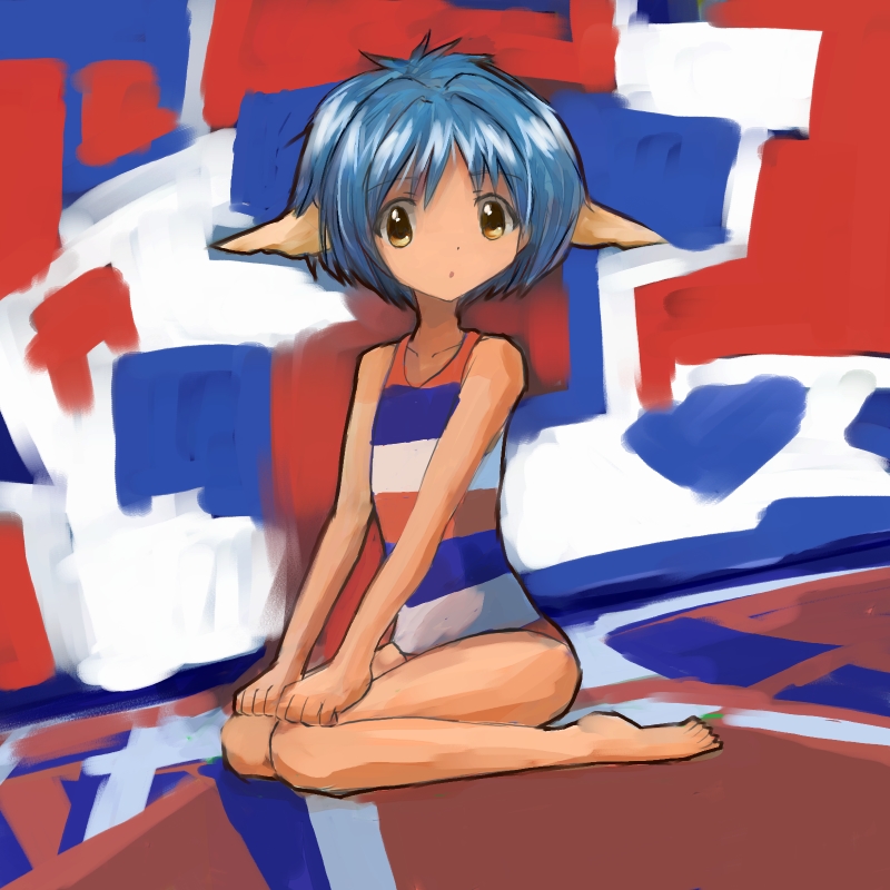 nyama, mint blancmanche, galaxy angel, bad id, bad pixiv id, 00s, 1girl, :o, barefoot, blue hair, casual one-piece swimsuit, female focus, kneeling, one-piece swimsuit, pointy ears, short hair, sitting, sketch, solo, striped clothes, striped one-piece swimsuit, swimsuit, wariza, yellow eyes